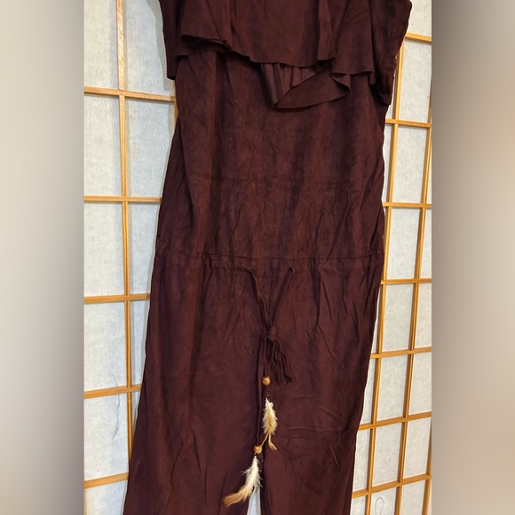 POL Burgundy Ruffle Jumpsuit Feather Tassel Boho Wine S NWOT - Picture 4 of 7